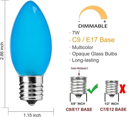 25 حزمة C9 مصابيح إضاءة عيد الميلاد متعددة الألوان، C9 مصابيح LED بديلة من السيراميك للإضاءة الخارجية لعيد الميلاد العتيق، E17/C9 قاعدة متوسطة - متعدد الألوان in Kuwait