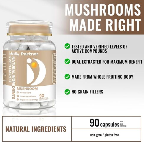Mushroom Supplement - Lion's Mane, Cordyceps, Reishi, Turkey Tail - Nootropic Coffee Powder for Memory, Focus, Immune Support - 90 Servings, Organic Mushroom Complex, Vegan,Capsule Box Included in Saudi Arabia