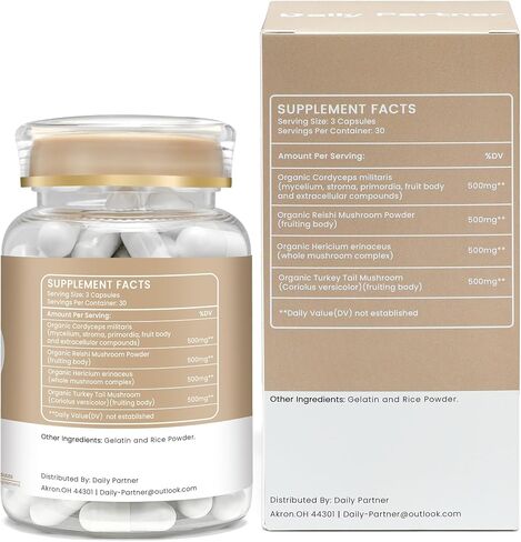 Mushroom Supplement - Lion's Mane, Cordyceps, Reishi, Turkey Tail - Nootropic Coffee Powder for Memory, Focus, Immune Support - 90 Servings, Organic Mushroom Complex, Vegan,Capsule Box Included in Saudi Arabia