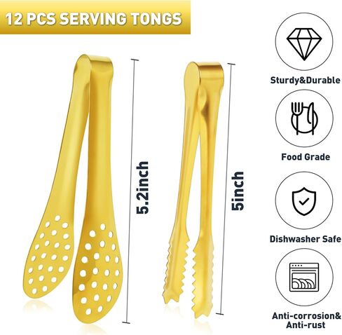 JCREN 12 Pcs Serving Tongs, Small Serving Utensils for Parties Catering Gold Tongs, Food-Grade 304 Stainless Steel Mini Appetizer Tongs for Tea Party Coffee Bar, 4" Sugar Tongs - Gold in Kuwait