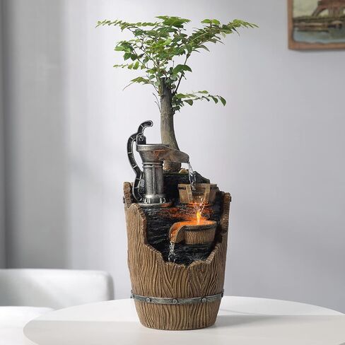 Wood Grain Indoor Fountain Yellow Warm Led Lighting Decorative Soothing Sound Tabletop Fountains with a Small Plastic Pot to Grow The Plant by Yourself(Automatic Watering)(22030) in Saudi Arabia