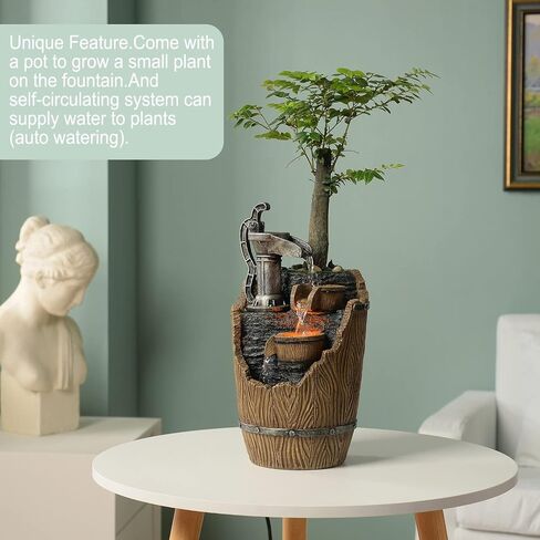 Wood Grain Indoor Fountain Yellow Warm Led Lighting Decorative Soothing Sound Tabletop Fountains with a Small Plastic Pot to Grow The Plant by Yourself(Automatic Watering)(22030) in Saudi Arabia