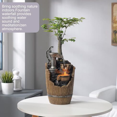 Wood Grain Indoor Fountain Yellow Warm Led Lighting Decorative Soothing Sound Tabletop Fountains with a Small Plastic Pot to Grow The Plant by Yourself(Automatic Watering)(22030) in Saudi Arabia