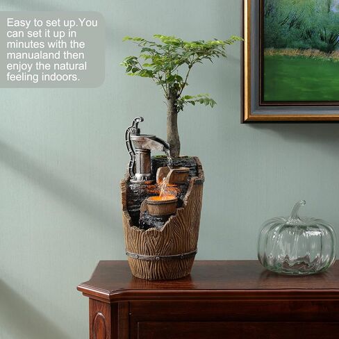 Wood Grain Indoor Fountain Yellow Warm Led Lighting Decorative Soothing Sound Tabletop Fountains with a Small Plastic Pot to Grow The Plant by Yourself(Automatic Watering)(22030) in Saudi Arabia