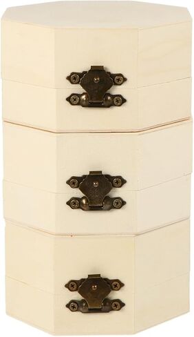 balacoo 3pcs Unfinished Wooden Boxes Hexagon Wooden Box Vintage Storage Box Storage Case Jewelry Box Trinket Container with Hinged Lid (Wood Color) in Kuwait