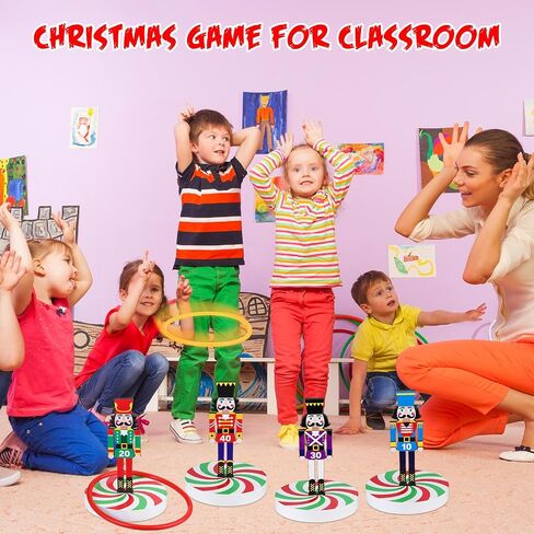 Christmas Wooden Ring Toss Game Set, Christmas Ring Toss with 4 Rings Candy Cane Snowman Christmas Tree Santa Claus Nutcracker Fun Games for Christmas Party Family Games in Kuwait
