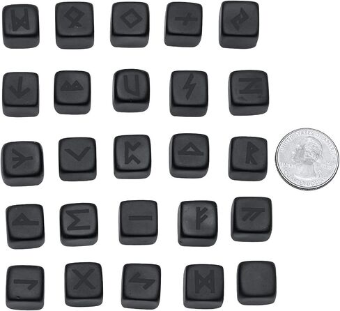Rockcloud Polished Black Obsidian Rune Stones Set of 25 PCS, Engraved Elder Futhark Alphabet Pocket Stones for Meditation Divination, Black in Kuwait