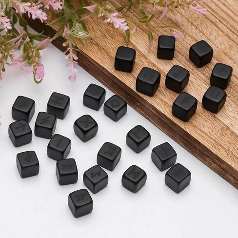 Rockcloud Polished Black Obsidian Rune Stones Set of 25 PCS, Engraved Elder Futhark Alphabet Pocket Stones for Meditation Divination, Black in Kuwait