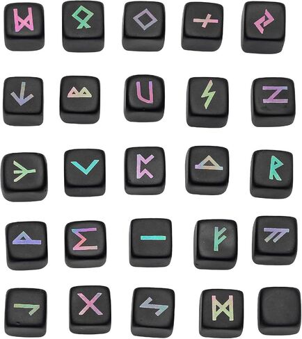 Rockcloud Polished Black Obsidian Rune Stones Set of 25 PCS, Engraved Elder Futhark Alphabet Pocket Stones for Meditation Divination, Black in Kuwait
