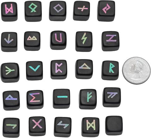 Rockcloud Polished Black Obsidian Rune Stones Set of 25 PCS, Engraved Elder Futhark Alphabet Pocket Stones for Meditation Divination, Black in Kuwait