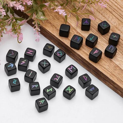 Rockcloud Polished Black Obsidian Rune Stones Set of 25 PCS, Engraved Elder Futhark Alphabet Pocket Stones for Meditation Divination, Black in Kuwait