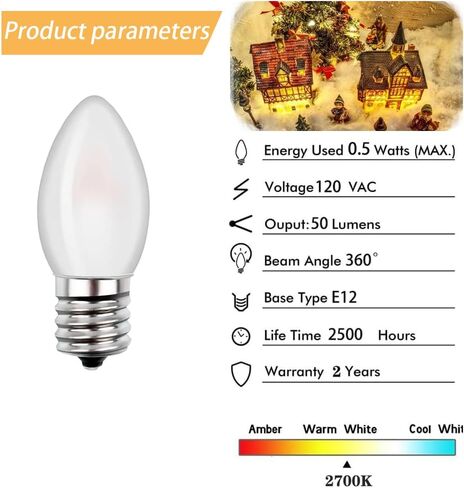 Christmas Village Replacement Light Bulbs C7 Edison LED Mini Night Light Bulbs 0.5W Equivalent to 5 Watt Incandescent - E12 Candelabra Base 2700K Warm White for Home Decorate Window Candles -6Pack in Saudi Arabia