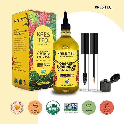 Organic Castor Oil for Eyelashes, Eyebrows, Skin Care, Nail Care, Scalp Treatment, Castor Oil Packs, Hair Growth Oil, Cold-Pressed, USDA Certified, Hexane-Free (2 Fl Oz, Original) in Kuwait