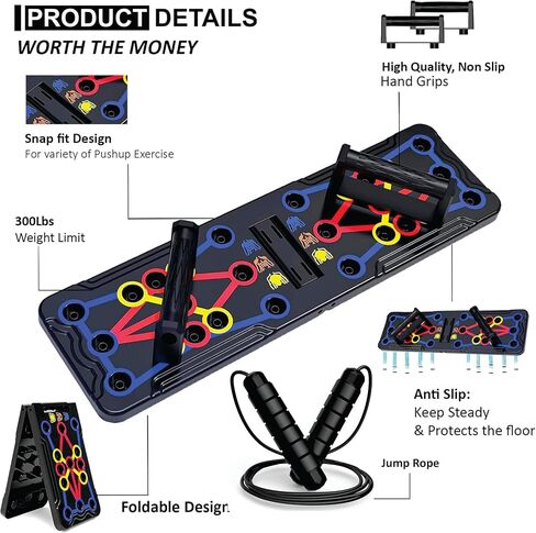 Push Up Board for Men & Women with Jumping Rope - Foldable Pushup Board, Multi-Function Push Up Board for Floor - Fitness Strength & Exercise Training Equipment for Home Workout in Saudi Arabia