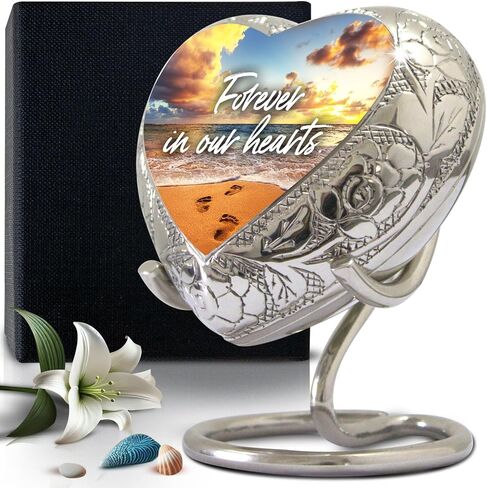 جرة الشاطئ للرماد البشري - جرة القلب للرماد للنساء والرجال - جرة تذكارية صغيرة مع حامل - موضوع الشاطئ على شكل قلب - تكريم أحبائك مع جرة صغيرة للذكور والإناث in Kuwait