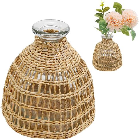 Flower Vases with Rattan Cover, Straw Woven Glass Vase, Rattan Woven Vase Decorative, Glass Flower Vase, Boho Glass Flower Vase, Vase for Home Flower Arrangement Table Decoration, 5.3''X3.5'',B Style in Saudi Arabia