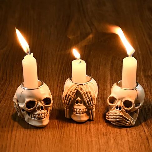 Halloween Skull Candle Holder Halloween Candlestick Holder Table Decoration Haunted House Gothic Spooky Skeleton Decor(3 Skull Head) in Saudi Arabia