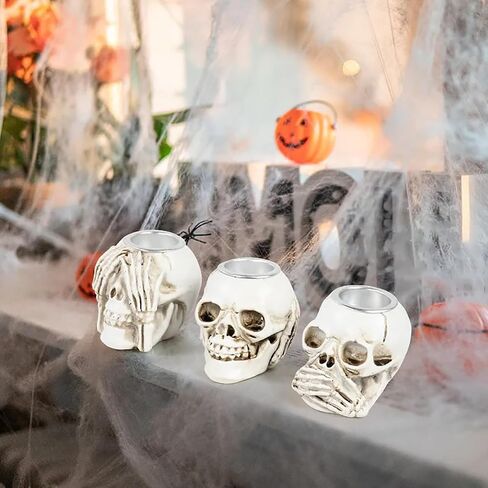 Halloween Skull Candle Holder Halloween Candlestick Holder Table Decoration Haunted House Gothic Spooky Skeleton Decor(3 Skull Head) in Saudi Arabia