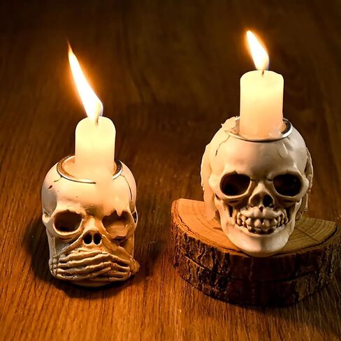 Halloween Skull Candle Holder Halloween Candlestick Holder Table Decoration Haunted House Gothic Spooky Skeleton Decor(3 Skull Head) in Saudi Arabia