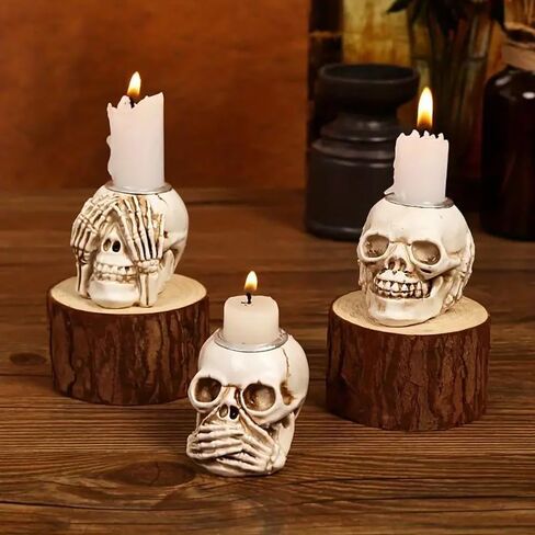 Halloween Skull Candle Holder Halloween Candlestick Holder Table Decoration Haunted House Gothic Spooky Skeleton Decor(3 Skull Head) in Saudi Arabia