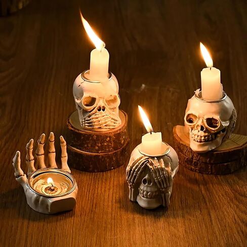 Halloween Skull Candle Holder Halloween Candlestick Holder Table Decoration Haunted House Gothic Spooky Skeleton Decor(3 Skull Head) in Saudi Arabia