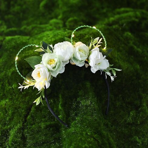 VISSTREE Handmade Mouse Ears Headband with Large Flower and LED Light Pink Floral Headwear for Theme Wedding Party and Park Hair Accessories in Kuwait