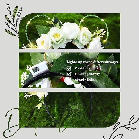 VISSTREE Handmade Mouse Ears Headband with Large Flower and LED Light Pink Floral Headwear for Theme Wedding Party and Park Hair Accessories in Kuwait