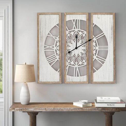 RiteSune Unique 30" Wall Clock for Living Room Decor, Oversized Farmhouse Wall Clock Battery Operated, Triptych Panel Wooden Large Clock Wall Art for Bedroom Entryway in Kuwait