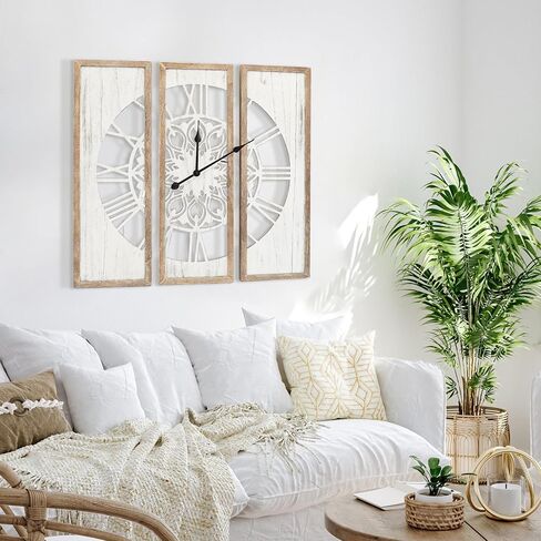 RiteSune Unique 30" Wall Clock for Living Room Decor, Oversized Farmhouse Wall Clock Battery Operated, Triptych Panel Wooden Large Clock Wall Art for Bedroom Entryway in Kuwait