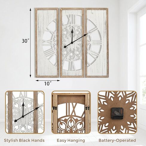 RiteSune Unique 30" Wall Clock for Living Room Decor, Oversized Farmhouse Wall Clock Battery Operated, Triptych Panel Wooden Large Clock Wall Art for Bedroom Entryway in Kuwait