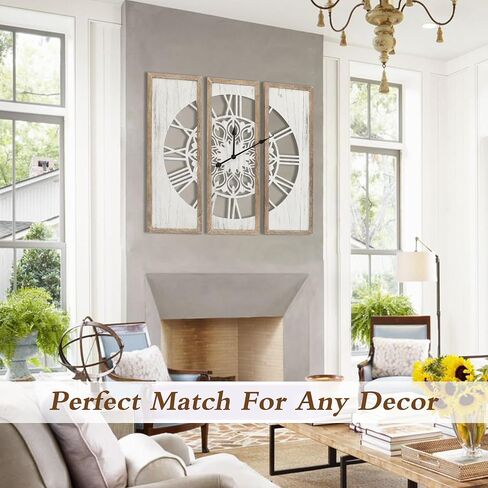 RiteSune Unique 30" Wall Clock for Living Room Decor, Oversized Farmhouse Wall Clock Battery Operated, Triptych Panel Wooden Large Clock Wall Art for Bedroom Entryway in Kuwait
