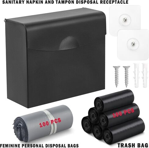 Sanitary Napkin Disposal Receptacle with Hygiene Disposal Bags and Trash Bag,9.4x7.8x3.5 inches Stainless Steel Wall Mounted Feminine Hygiene Disposal Trash Can Bin for Bathroom,Office (Black) in Saudi Arabia