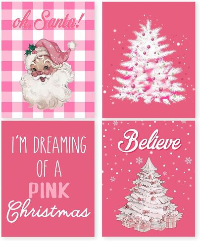 HRQKO Pink Christmas Santa Wall Art Poster Set of 4, Oh Santa Merry Pink Christmas Tree Snow Printing Posters Wall Decor,Pink Xmas Winter Christmas Prints for Bedroom Girl Living Room 8"x10" Unframed in Saudi Arabia