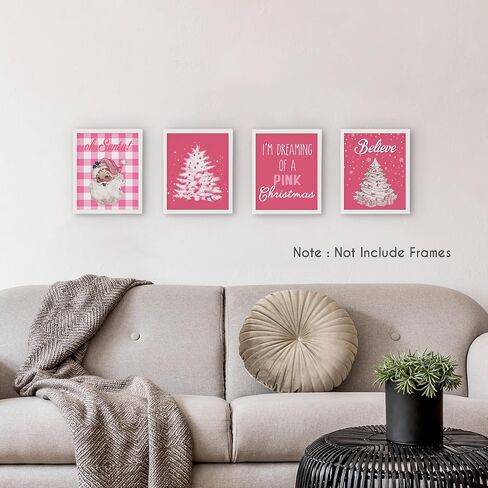 HRQKO Pink Christmas Santa Wall Art Poster Set of 4, Oh Santa Merry Pink Christmas Tree Snow Printing Posters Wall Decor,Pink Xmas Winter Christmas Prints for Bedroom Girl Living Room 8"x10" Unframed in Saudi Arabia