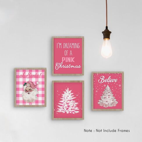 HRQKO Pink Christmas Santa Wall Art Poster Set of 4, Oh Santa Merry Pink Christmas Tree Snow Printing Posters Wall Decor,Pink Xmas Winter Christmas Prints for Bedroom Girl Living Room 8"x10" Unframed in Saudi Arabia