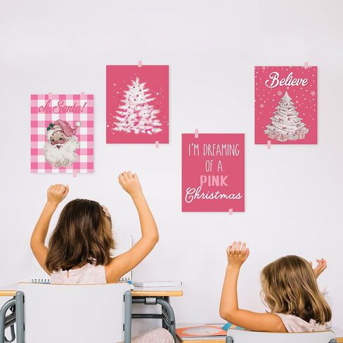 HRQKO Pink Christmas Santa Wall Art Poster Set of 4, Oh Santa Merry Pink Christmas Tree Snow Printing Posters Wall Decor,Pink Xmas Winter Christmas Prints for Bedroom Girl Living Room 8"x10" Unframed in Saudi Arabia