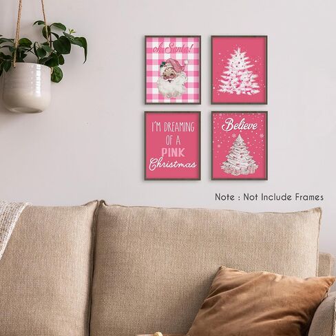 HRQKO Pink Christmas Santa Wall Art Poster Set of 4, Oh Santa Merry Pink Christmas Tree Snow Printing Posters Wall Decor,Pink Xmas Winter Christmas Prints for Bedroom Girl Living Room 8"x10" Unframed in Saudi Arabia