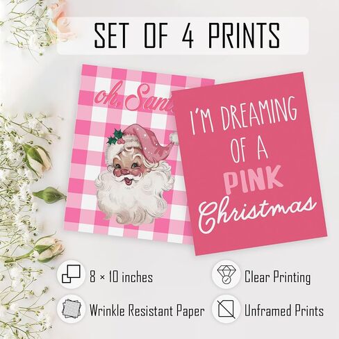 HRQKO Pink Christmas Santa Wall Art Poster Set of 4, Oh Santa Merry Pink Christmas Tree Snow Printing Posters Wall Decor,Pink Xmas Winter Christmas Prints for Bedroom Girl Living Room 8"x10" Unframed in Saudi Arabia