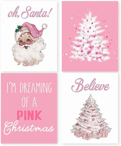 HRQKO Pink Christmas Santa Wall Art Poster Set of 4, Oh Santa Merry Pink Christmas Tree Snow Printing Posters Wall Decor,Pink Xmas Winter Christmas Prints for Bedroom Girl Living Room 8"x10" Unframed in Saudi Arabia