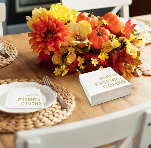 100 Fall Happy Friendsgiving Cocktail Beverage Napkins Disposable Paper Harvest Thanksgiving Autumn Gold Foil Friends Giving Dessert Party Supplies in Saudi Arabia