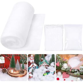 3-Piece Set Christmas Artificial Snow for Village Decoration Crafts, Fake Snow Powder，Snow Runner Roll 2.7 x 8 Foot, Thick Fluffy Snow Cotton Kit for a Winter Holiday Tree Tabletop Decor