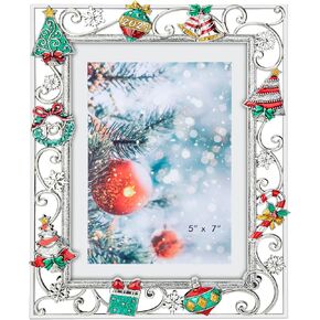 Picture Photo Frame 5x7 Inch Snowflake Christmas Metal Photo Display Photo Picture Frames with High Definition Glass Front Gift Ideas Tabletop Home Decorative (2024 Merry Christmas)