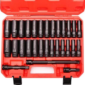 Socket Set 1/2" Drive Impact Socket Set,29-Piece 6 Point Deep Socket Set Standard SAE and Metric CR-V Steel Sockets with 3",5",10" extension bar