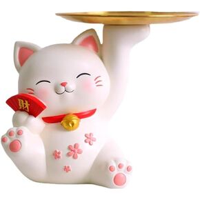 EatingBiting Resin Cat Storage Tray Lucky Cat with 1 Metal Tray Cat Statues Sculptures Decor Key Holder Modern Figurine for TV Cabinet Home Decoration