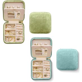 Benevolence LA Light Green & Cyan Plush Velvet Travel Jewelry Organizer Box | Travel Jewelry Case | Jewelry Travel Organizer with Mirror | Jewelry Travel Case for Women
