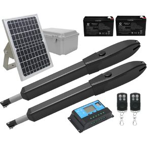 JUJIANG C026 Solar Gate Opener with Batteries & Solar Panel for Dual Swing Gates Up to 1540lb Automatic Gate Opener with Remote Complete Kit Medium Duty Electric Gate Opener Solar Powered 60W Motor