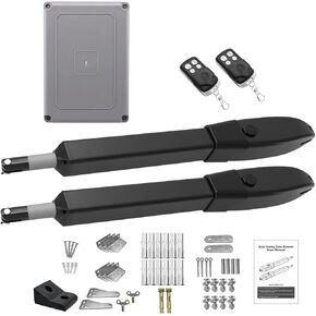 JUJIANG C026 Solar Gate Opener with Batteries & Solar Panel for Dual Swing Gates Up to 1540lb Automatic Gate Opener with Remote Complete Kit Medium Duty Electric Gate Opener Solar Powered 60W Motor