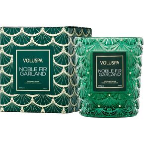 Voluspa Noble Fir Garland Boxed Candle, 6.5 oz, Coconut Wax Blend, Christmas Scented Candles for Home, 40 Hour Burn Time, Poured in The USA