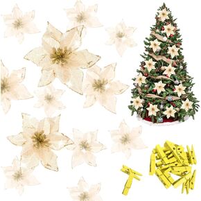 Whaline 24 Pcs Blue Poinsettia Artificial Christmas Flowers with 24 Pack Clips, Glitter Christmas Tree Ornaments Xmas Wedding Party Decor (13 x 13 cm)