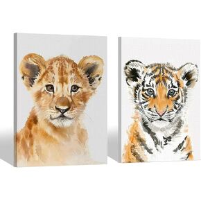 PicturePerfect Decor Cute Lion and Tiger Cub Wall Art Wild Animal Artwork Wall Decor Ready to Hang Canvas Print Set of 2 Posters for Living Room Bedroom Nursery or Childcare Room(12" X 16")